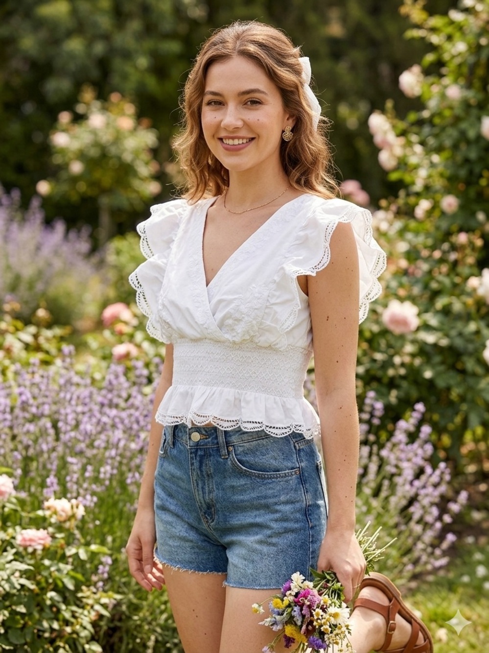 By Anthropologie White Embroidered Deep-V Ruffled Smocked Blouse Size SP